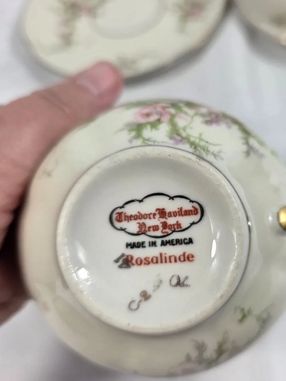 TWO Haviland Rosalinde (New York) Cup & Saucer Sets Pink & Lavendar Flowers